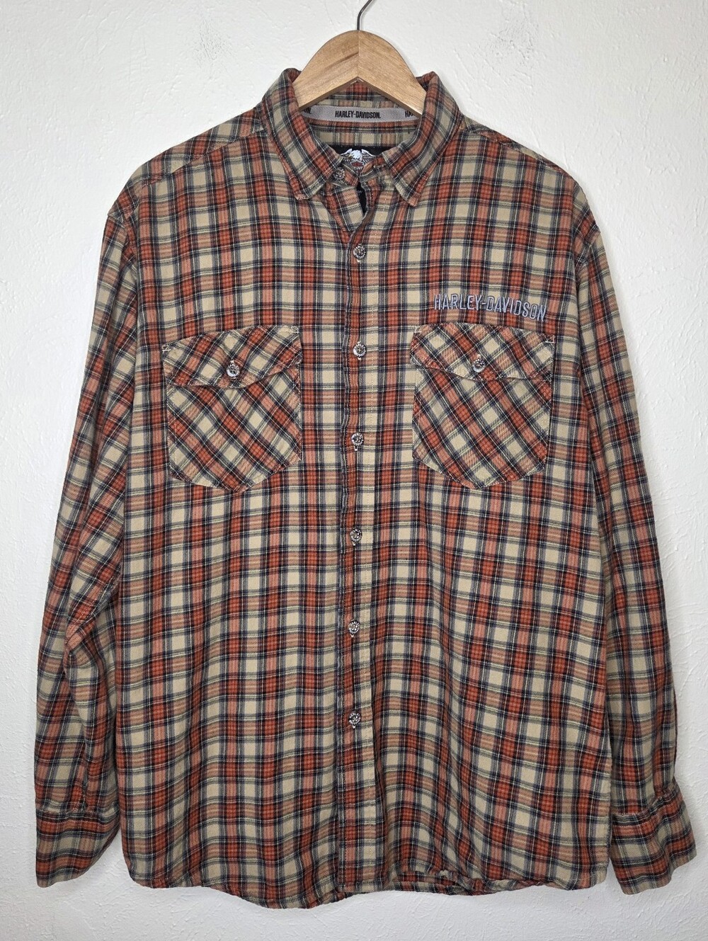 Harley Davidson Plaid Flannel Button Front Shirt Embroidered Logo Back Hit Small